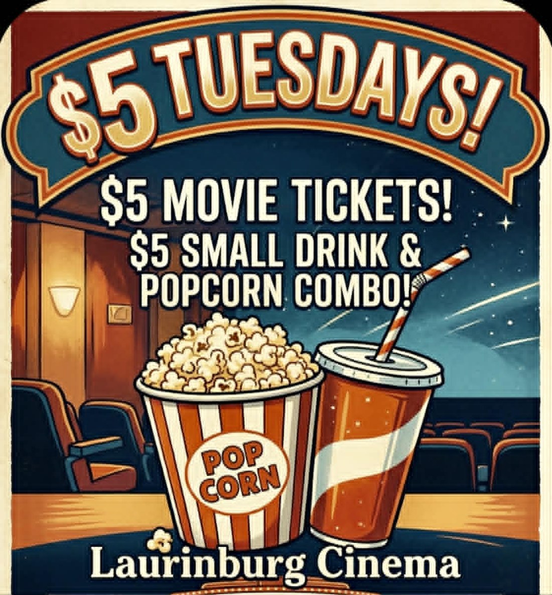$5 Tuesdays flyer for $5 movie tickets and a $5 small drink and popcorn combo at Laurinburg Cinema